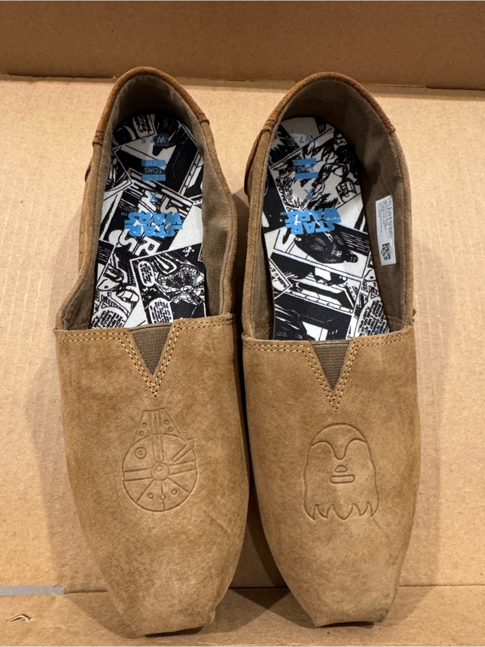 Toms Tan Suede Slip-On Flats with Embossed Star Wars Motifs